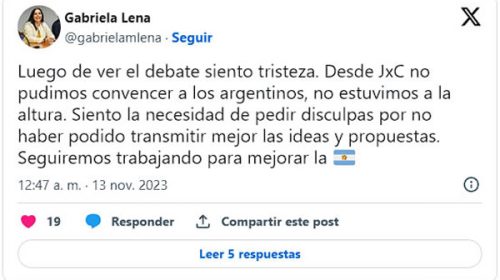 Lena: “Luego de ver el debate siento tristeza; desde JxC no estuvimos a la altura” Lena: “Luego de ver el debate siento tristeza; desde JxC no estuvimos a la altura”